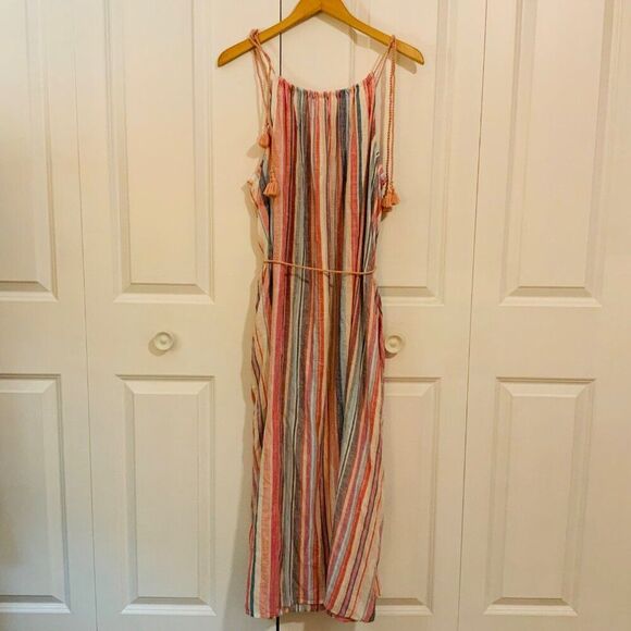 Time and Tru Women's Coral Stripe Tie Shoulder Linen Blend Maxi Dress XL New - Picture 8 of 13
